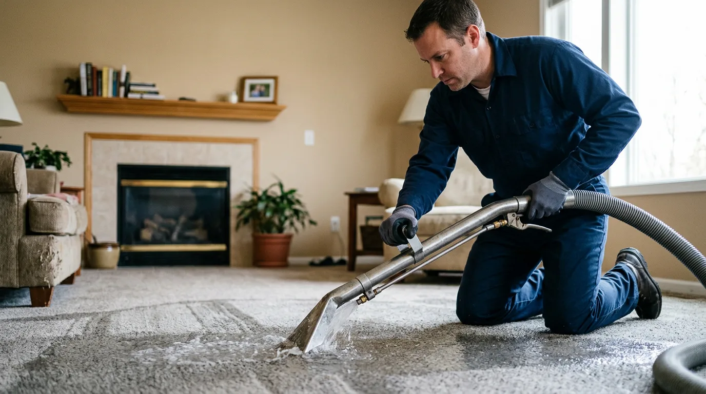 Water damage restoration technician working near Emden, MO